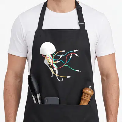 Synthesist jellyfish apron - White jellyfish with orange, yellow, red, blue, and green cable tentacles ending in white — shown on a black cotton canvas apron against a white background