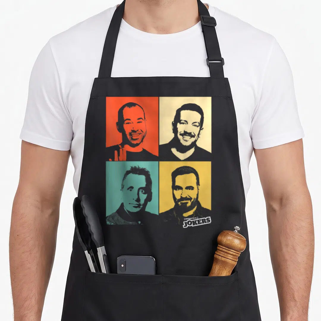 Impractical fools apron - Four retro male portraits on red beige teal and yellow backgrounds with (IMPRACTICAL) JOKERS — shown on a black cotton canvas apron against a white background