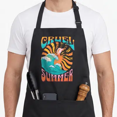 Cruel summer aprons - Retro wave and sun graphic with CRUEL SUMMER text in teal and orange — shown on a black cotton canvas apron against a white background