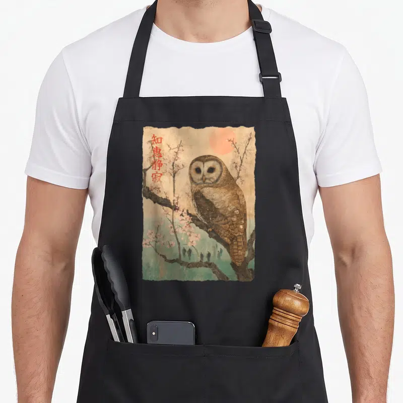 Cherry wise owl aprons - Brown owl on pink blossom branch with teal background and vertical red kanji text — shown on a black cotton canvas apron against a white background