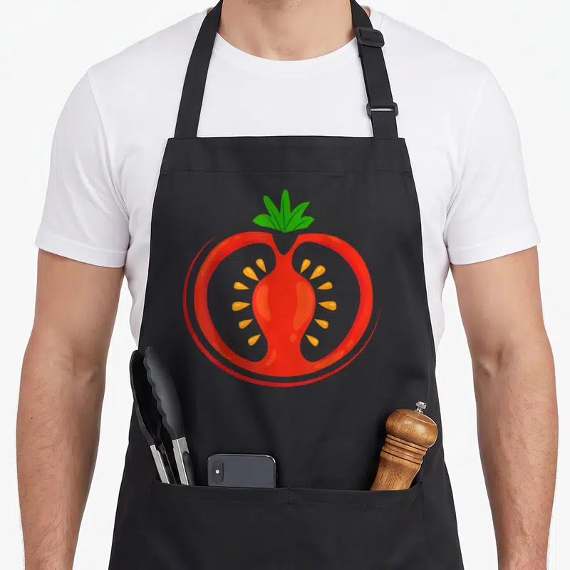 Sliced halloween apron - Cartoon tomato slice with green leaves and orange seeds on red background — shown on a black cotton canvas apron against a white background