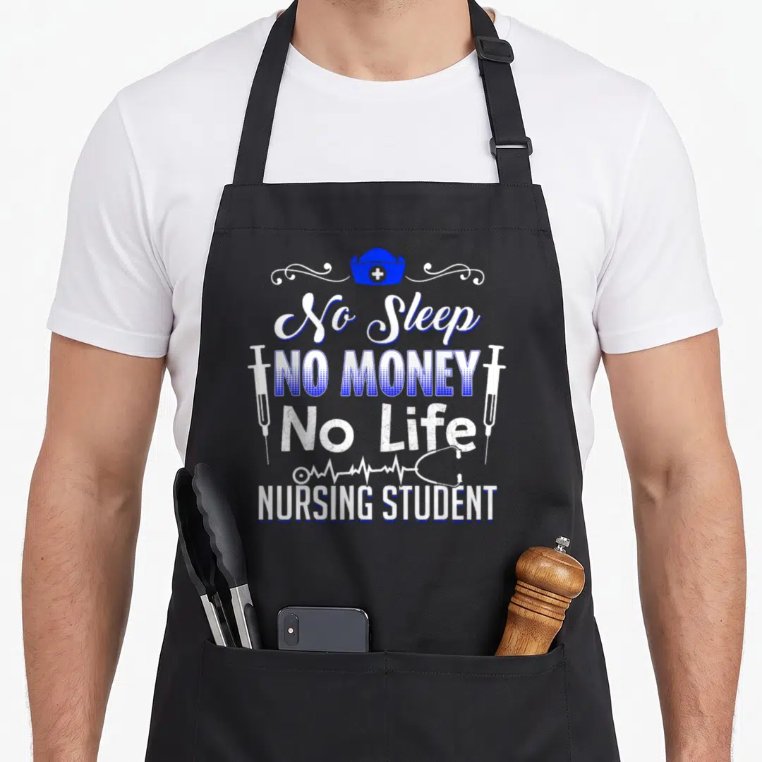 Future lpn nursing student apron - Stacked text No Sleep No Money with nurse cap syringes and stethoscope in white — shown on a black cotton canvas apron against a white background
