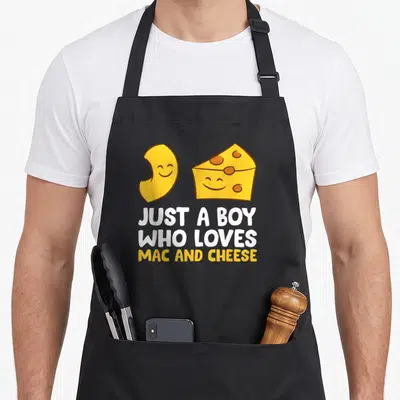 Funny macaroni mac apron - Cartoon cheese and smiling noodle above JUST A BOY WHO LOVES MAC AND CHEESE text — shown on a black cotton canvas apron against a white background