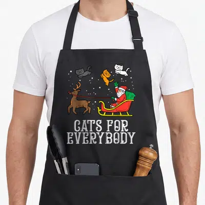 Cat santa apron - Santa sleigh with flying cats and stacked CATS FOR EVERYBODY text in cartoon style — shown on a black cotton canvas apron against a white background