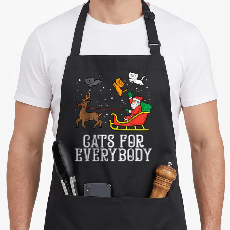Cat santa apron - Santa sleigh with flying cats and stacked CATS FOR EVERYBODY text in cartoon style — shown on a black cotton canvas apron against a white background