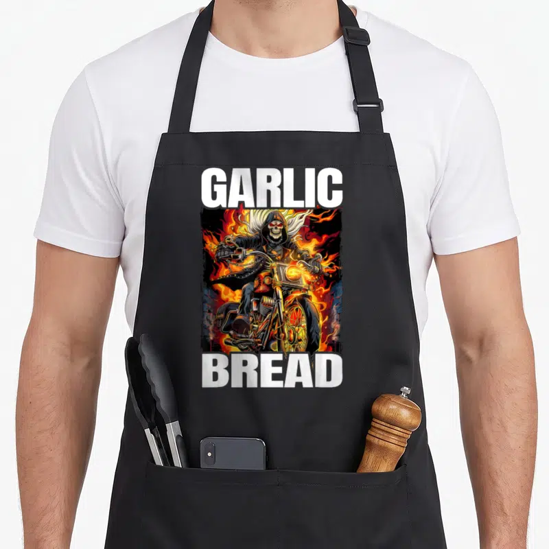Garlic bread apron - Skeleton on flaming motorcycle between white GARLIC and BREAD text in cartoon style — shown on a black cotton canvas apron against a white background