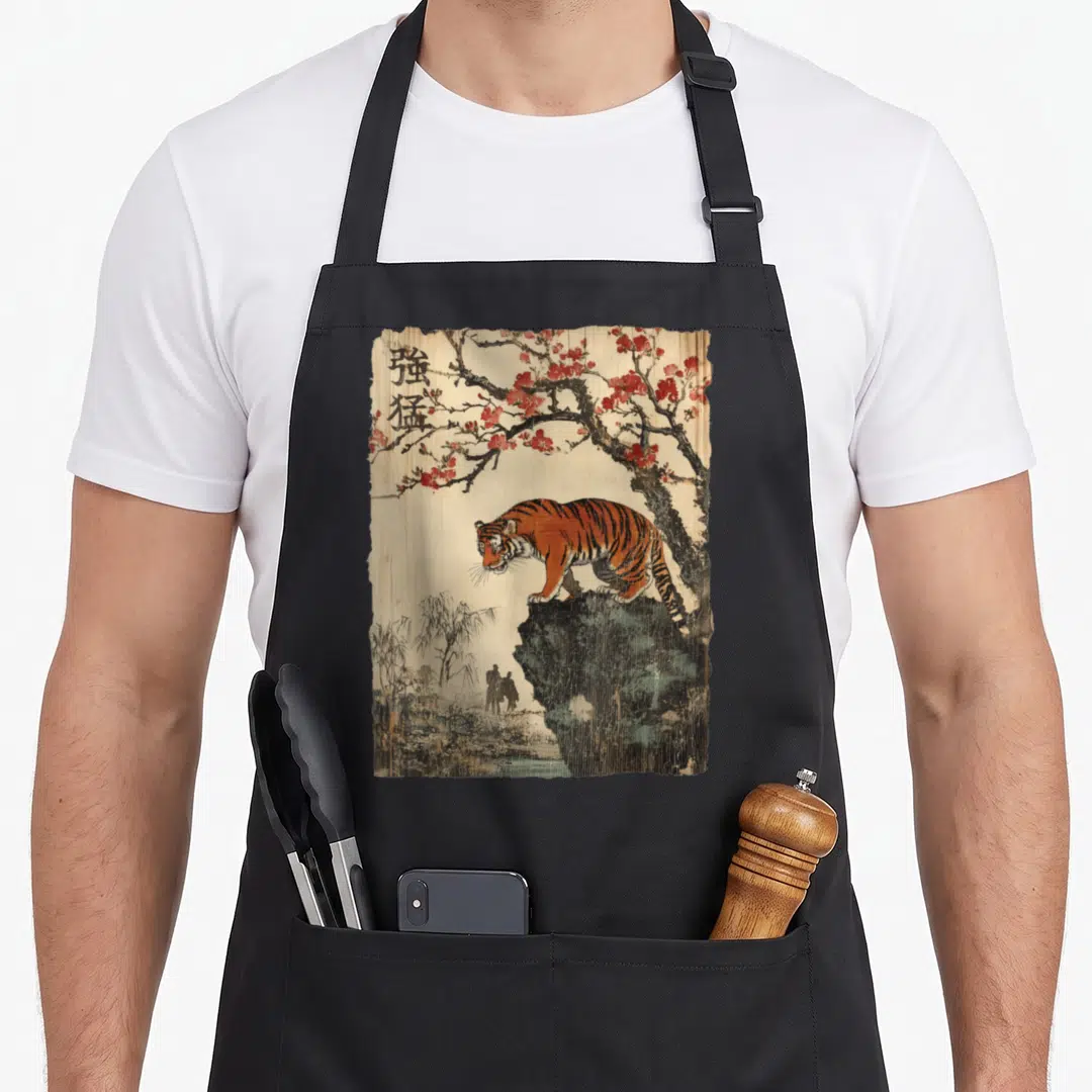 Tiger cherry apron - Orange tiger on grey rock beneath red blossom branches with black kanji text on beige background — shown on a black cotton canvas apron against a white background