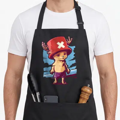 Tony full body apron - Cartoon reindeer in red hat and purple shorts against blue splash — shown on a black cotton canvas apron against a white background