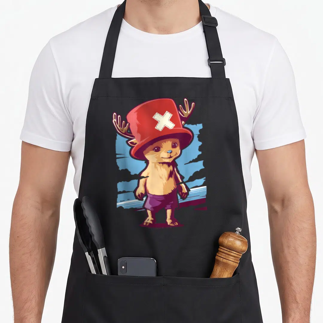 Tony full body apron - Cartoon reindeer in red hat and purple shorts against blue splash — shown on a black cotton canvas apron against a white background