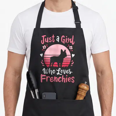 Frenchy french apron - Grey Frenchie silhouette in pink striped circle with hearts and text — shown on a black cotton canvas apron against a white background