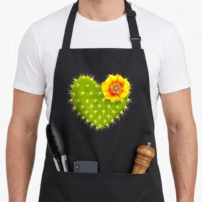 Desert cactus apron - Green heart cactus with yellow flower and white spines on black fabric — shown on a black cotton canvas apron against a white background