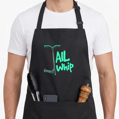 Pro scooter apron - Mint green scooter forming letter T next to all whip text on grey background — shown on a black cotton canvas apron against a white background