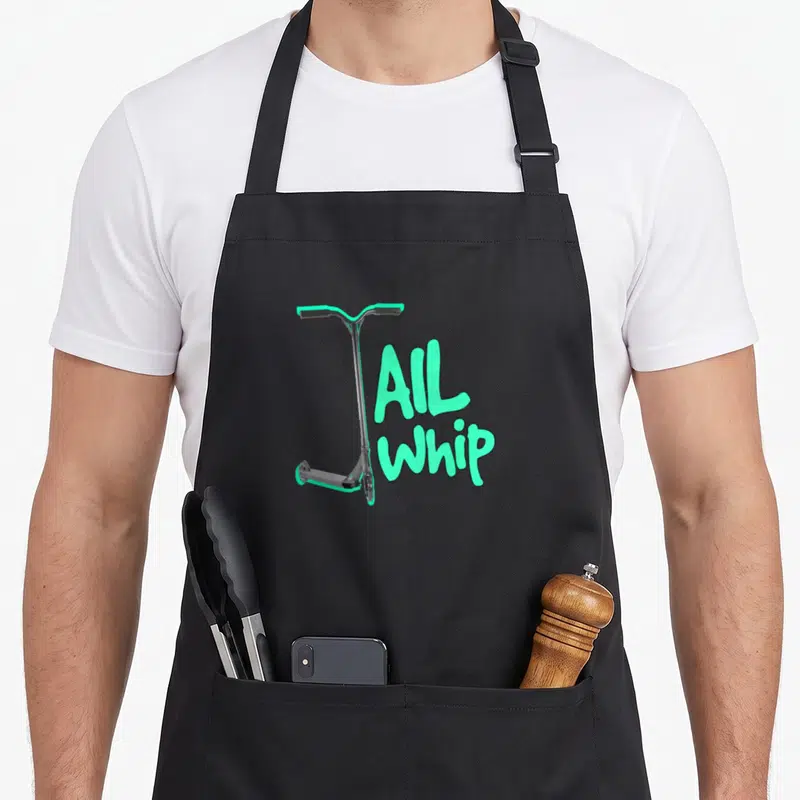 Pro scooter apron - Mint green scooter forming letter T next to all whip text on grey background — shown on a black cotton canvas apron against a white background