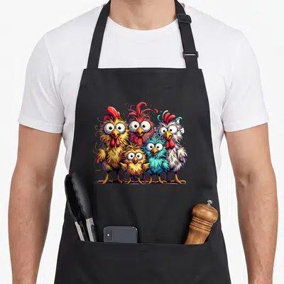 Eagerly colorful family chicken apron - Five cartoon chickens in yellow red blue and white facing forward — shown on a black cotton canvas apron against a white background
