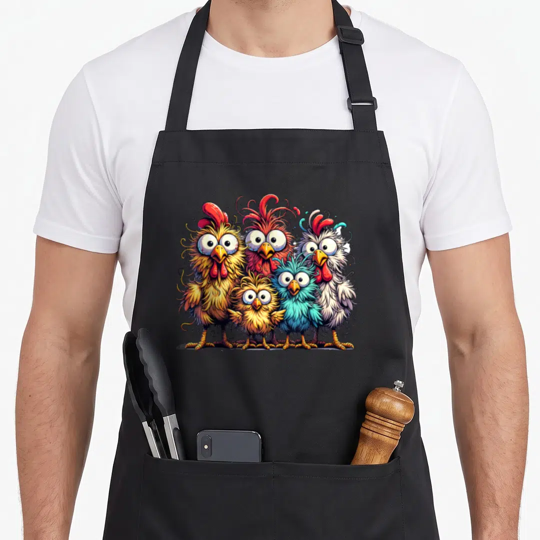 Eagerly colorful family chicken apron - Five cartoon chickens in yellow red blue and white facing forward — shown on a black cotton canvas apron against a white background