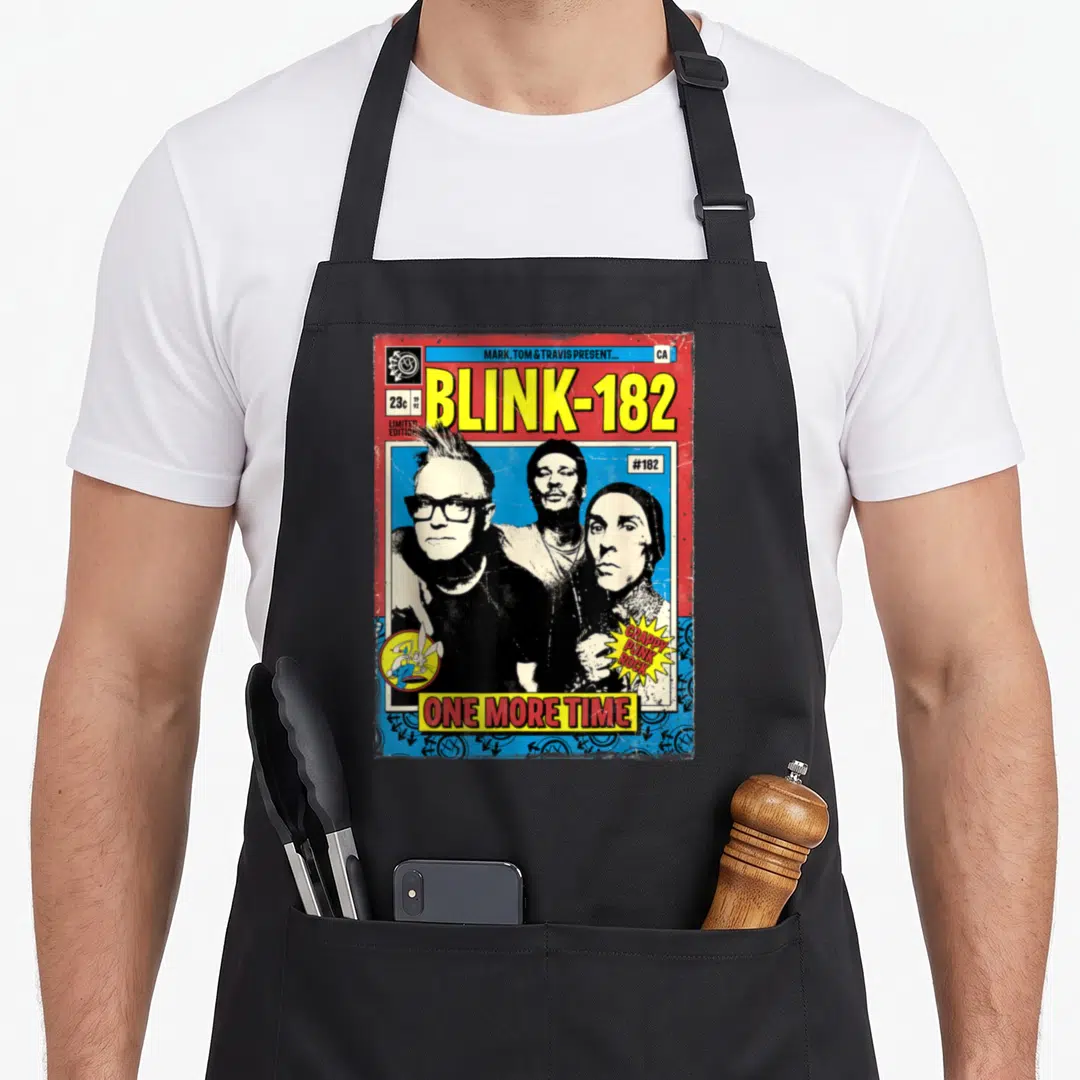 Blink novelty apron - Retro comic cover with three men, BLINK-182 text, 23c price, and bunny logo in yellow red blue — shown on a black cotton canvas apron against a white background
