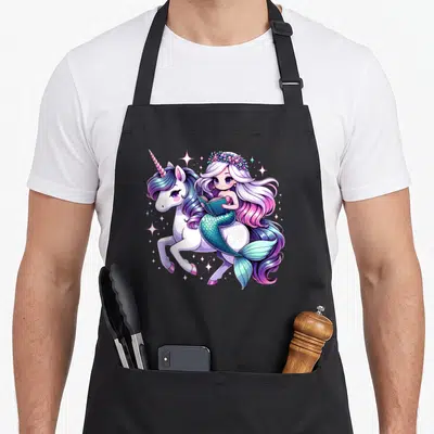 Reading birthday apron - Cartoon mermaid with flower crown riding unicorn holding blue book surrounded by stars — shown on a black cotton canvas apron against a white background