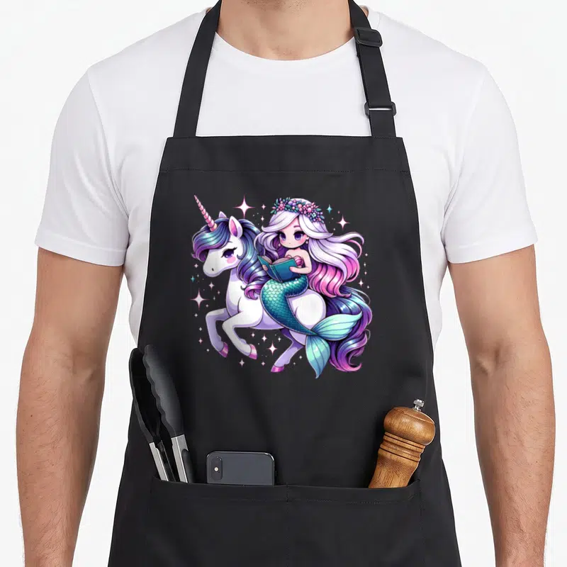 Reading birthday apron - Cartoon mermaid with flower crown riding unicorn holding blue book surrounded by stars — shown on a black cotton canvas apron against a white background
