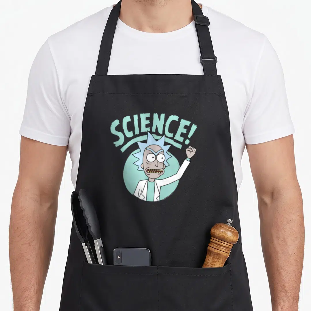 Fist science apron - Rick Sanchez raising a fist under arched blue SCIENCE! text on a light blue circle — shown on a black cotton canvas apron against a white background