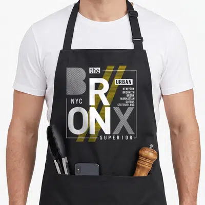 Vintage bronx new york apron - White BRONX typography with yellow diagonal stripes listing NYC boroughs inside — shown on a black cotton canvas apron against a white background
