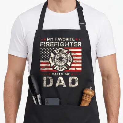 Call firefighter aprons - Distressed text My Favorite Firefighter Calls Me Dad over Maltese cross and US flag — shown on a black cotton canvas apron against a white background