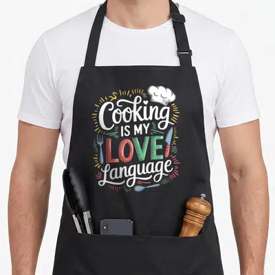 Language culinary aprons - Cooking Is My Love Language text with chef hat fork knife spoon in red green yellow white — shown on a black cotton canvas apron against a white background