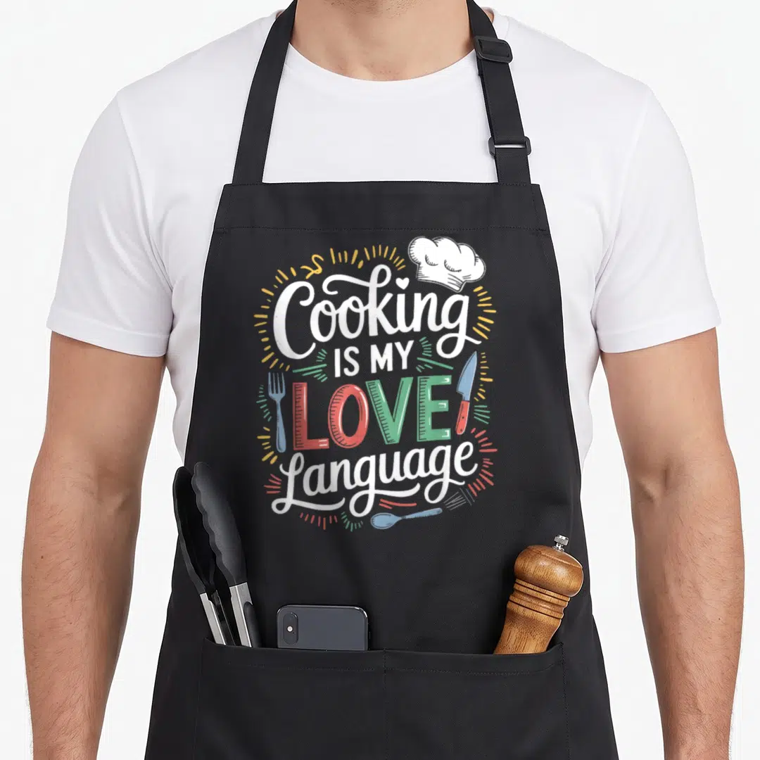 Language culinary aprons - Cooking Is My Love Language text with chef hat fork knife spoon in red green yellow white — shown on a black cotton canvas apron against a white background