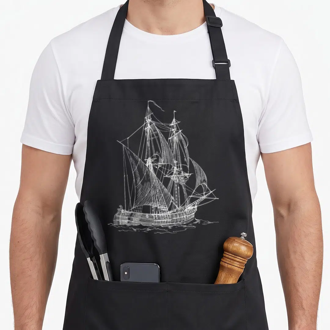 Pirate nautical apron - White line art of a sailing ship on stylized water, no text — shown on a black cotton canvas apron against a white background