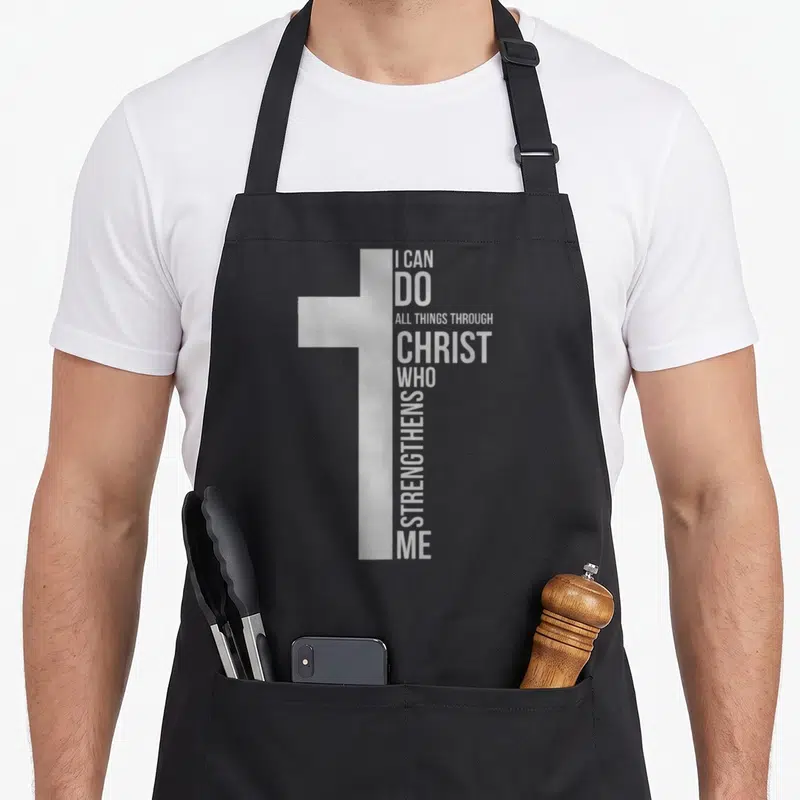 Through cross apron - White cross graphic with stacked typography reading I CAN DO ALL THINGS THROUGH CHRIST WHO — shown on a black cotton canvas apron against a white background