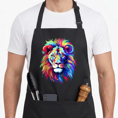 Lion colorful aprons - Cartoon lion head illustration in blue red yellow green and magenta colors — shown on a black cotton canvas apron against a white background