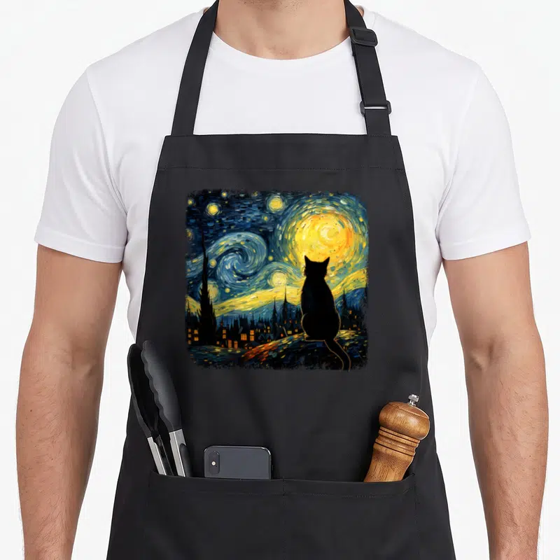Gogh cat in an apron - Black cat silhouette against swirling yellow moon and starry blue sky over village — shown on a black cotton canvas apron against a white background