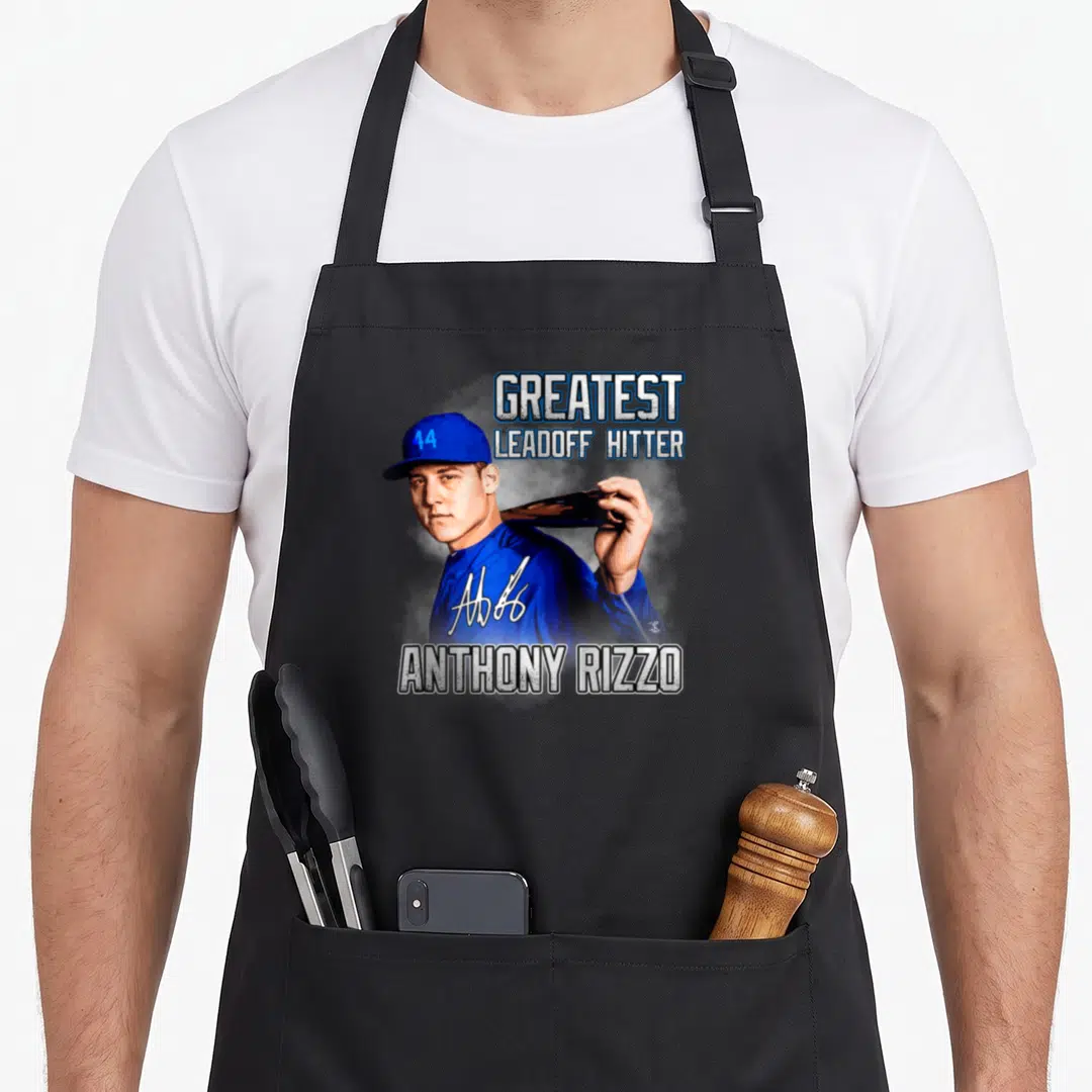 Fanprint modern apron - Anthony Rizzo portrait with Greatest Leadoff Hitter text and signature in blue white black — shown on a black cotton canvas apron against a white background