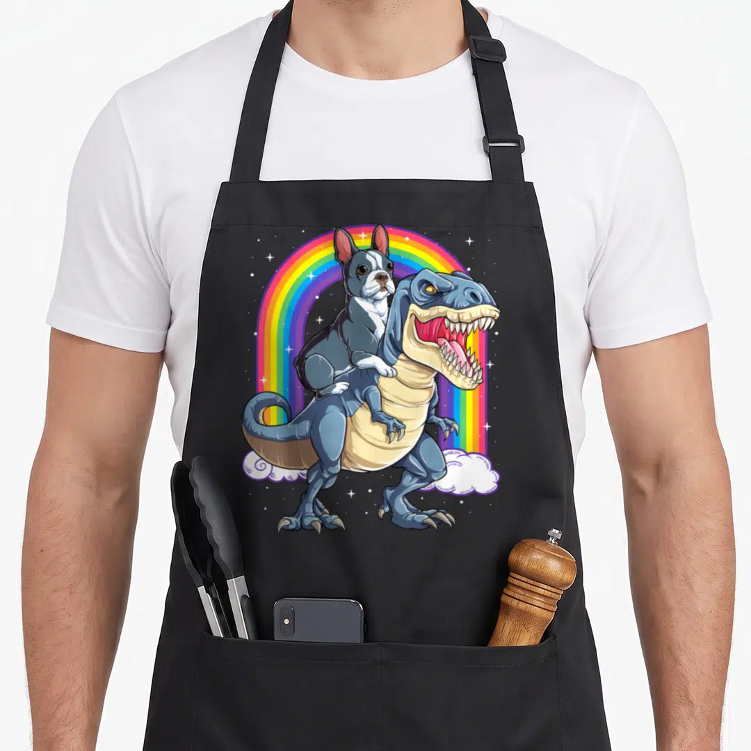 Boston dinosaur apron - Cartoon blue t-rex carrying a black and white dog under a rainbow arch with clouds and stars — shown on a black cotton canvas apron against a white background