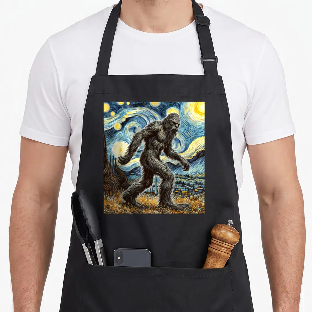 Sasquatch van gogh apron - Walking bigfoot in blue yellow brown orange starry night style landscape with city skyline — shown on a black cotton canvas apron against a white background
