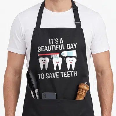 Beautiful dentist apron - Three cartoon teeth brushing and applying paste under the text It's a Beautiful Day to Save — shown on a black cotton canvas apron against a white background