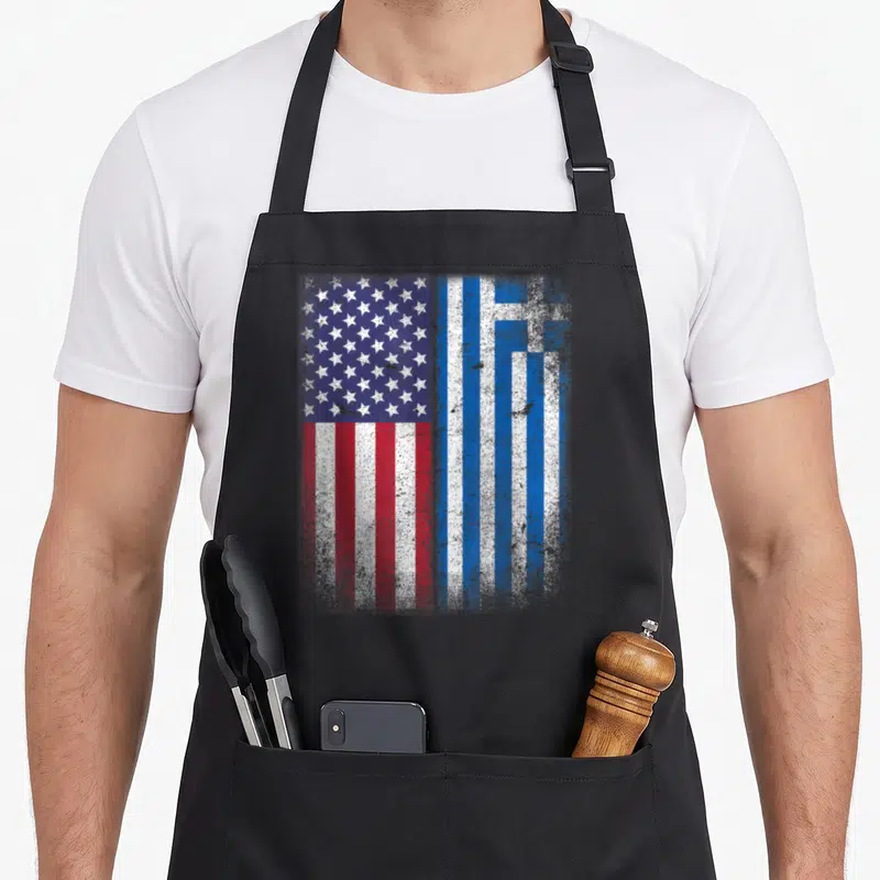 Greek american flag apron - Split vertical American and Greek flags in distressed red white blue without text — shown on a black cotton canvas apron against a white background