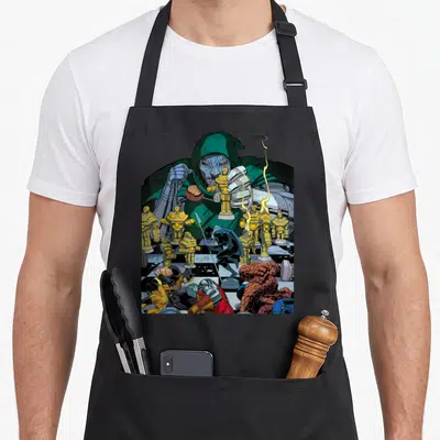 Doom doctor apron - Doctor Doom looming over chessboard with Black Panther and defeated heroes in cartoon style — shown on a black cotton canvas apron against a white background