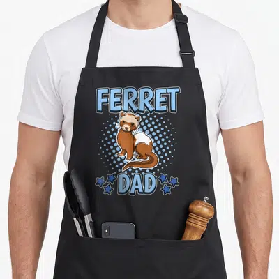 Cute ferret father day apron - Cartoon brown and white ferret with blue text FERRET DAD and star graphics — shown on a black cotton canvas apron against a white background