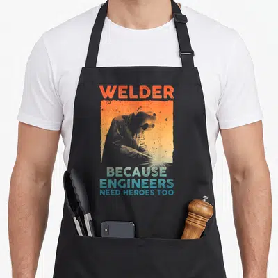 Mig metal worker apron - Welder Because Engineers Need Heroes Too text with welding figure on orange gradient background — shown on a black cotton canvas apron against a white background