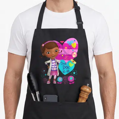 Doc dog apron - Cartoon girl doctor standing in front of pink and cyan hearts with bandages and flowers — shown on a black cotton canvas apron against a white background