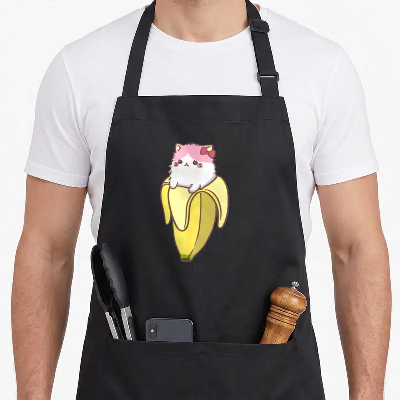 Kawaii banana apron - Cartoon white cat with pink ears and red bow sitting inside a peeled yellow banana — shown on a black cotton canvas apron against a white background