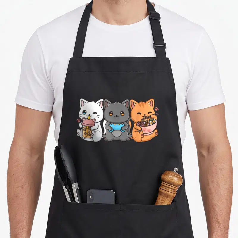 Anime tea apron - Three cartoon cats holding bubble tea, blue controller, and pink ramen bowl — shown on a black cotton canvas apron against a white background