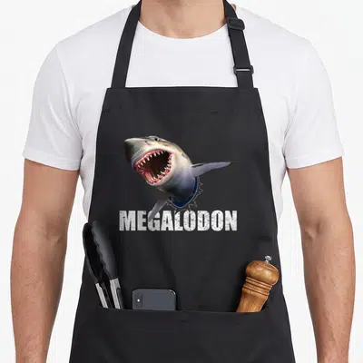 Megalodon fish man apron - Realistic shark bursting through grey background with white MEGALODON text and red mouth — shown on a black cotton canvas apron against a white background