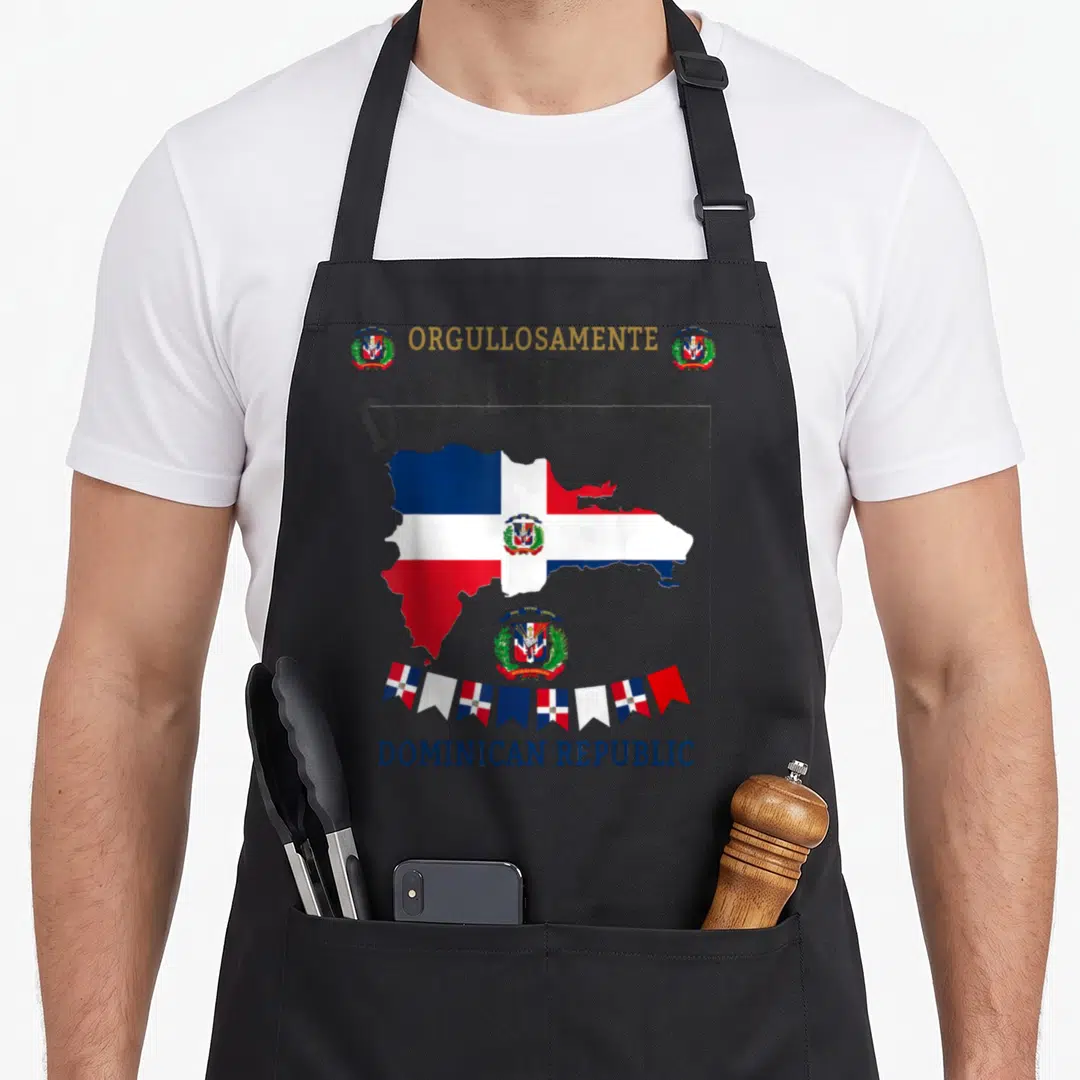 Dominicana hispanic aprons - Orgullosamente Dominicana map with flag colors and coats of arms — shown on a black cotton canvas apron against a white background