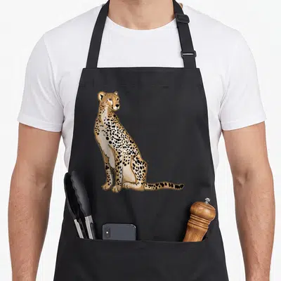 Illustration cheetah apron - Seated cartoon cheetah in tan and black spots facing right on grey background — shown on a black cotton canvas apron against a white background