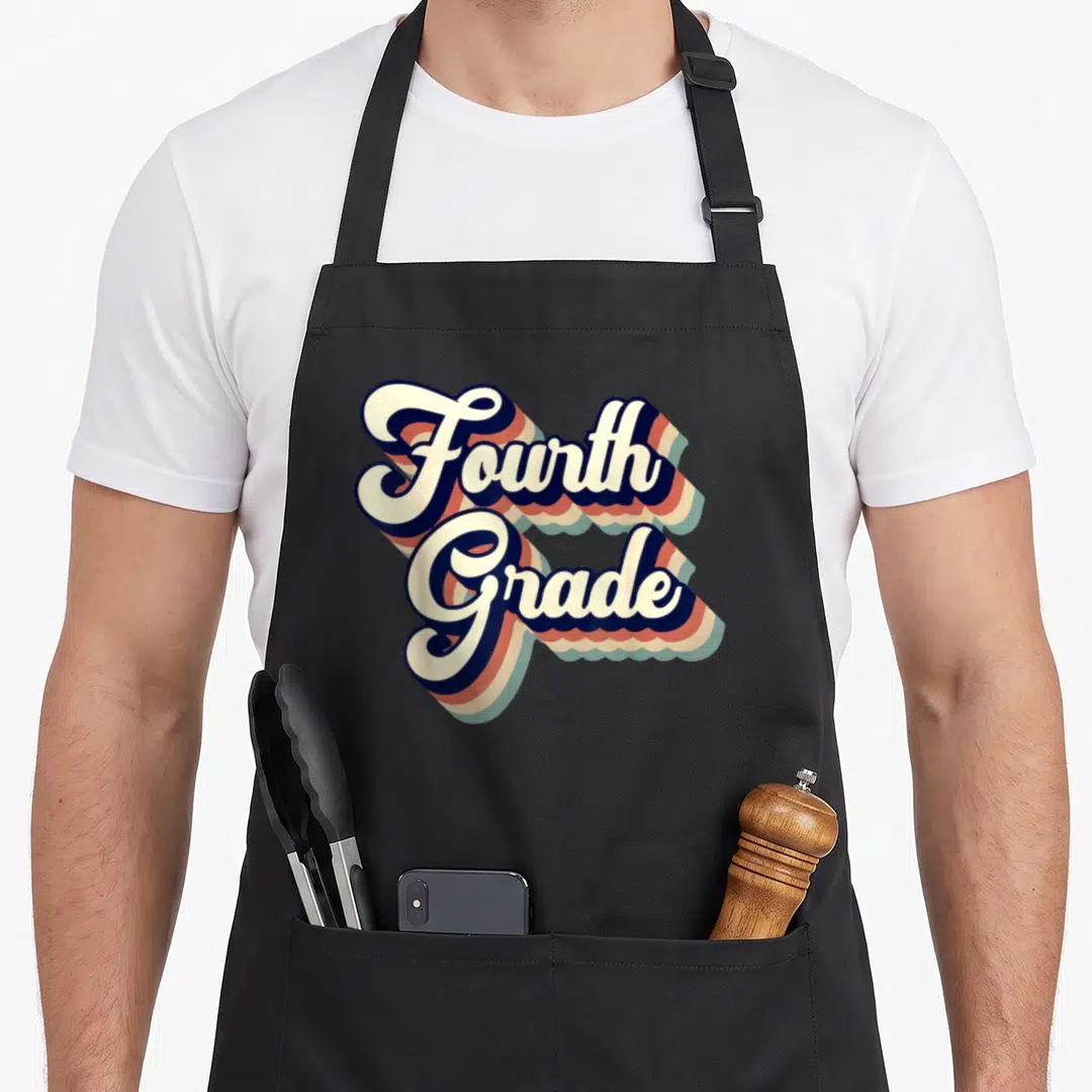 Funny fourth teacher apron - Retro Fourth Grade cursive text in cream blue green terracotta stacked lettering — shown on a black cotton canvas apron against a white background