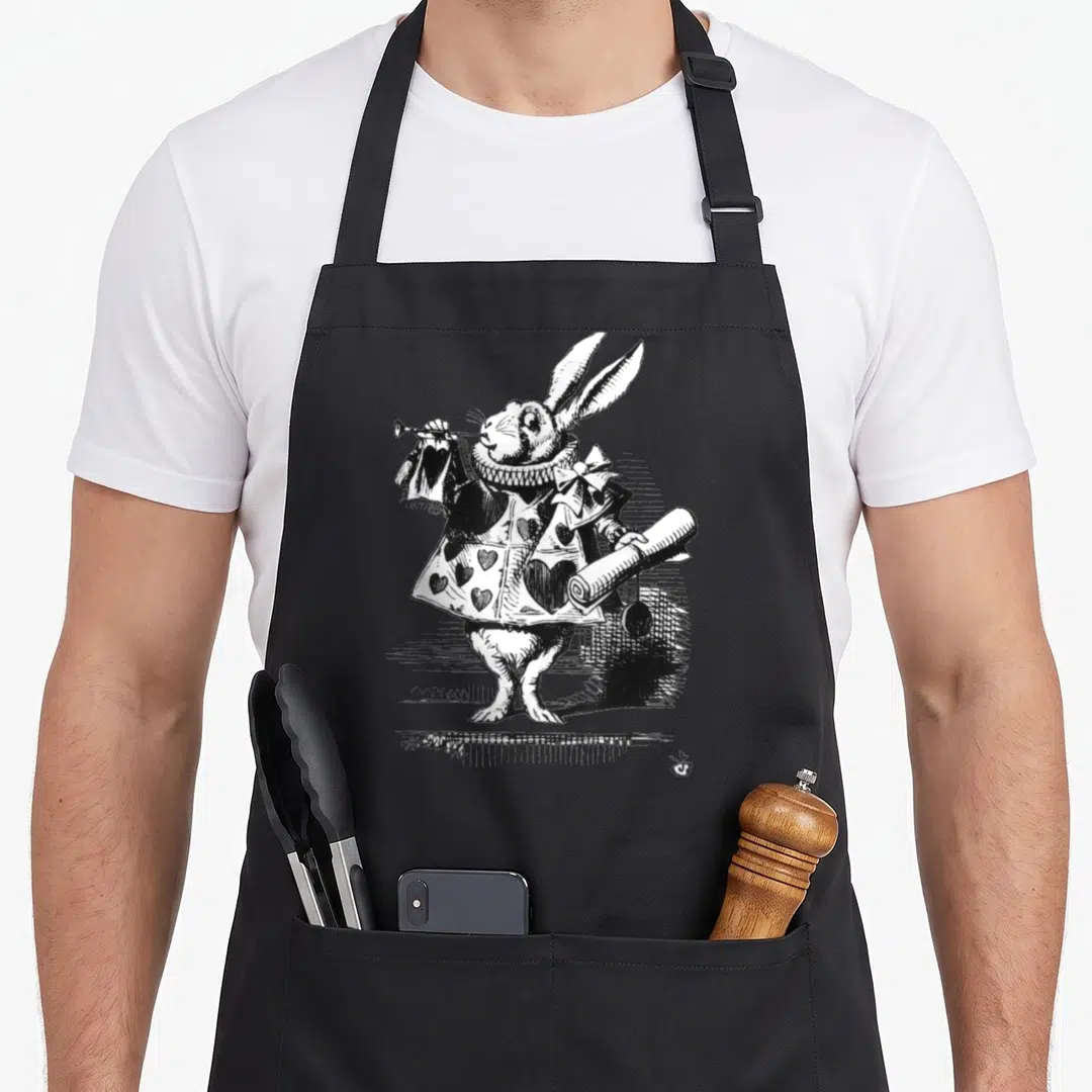 Easy rabbit apron - Black line art of a rabbit in a heart-patterned coat holding a trumpet and scroll — shown on a black cotton canvas apron against a white background