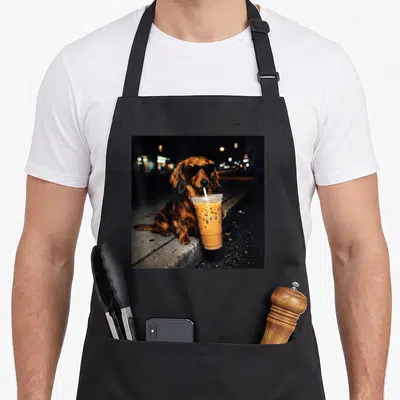 Iced dog apron - Dachshund with sunglasses sipping iced coffee on a curb — shown on a black cotton canvas apron against a white background