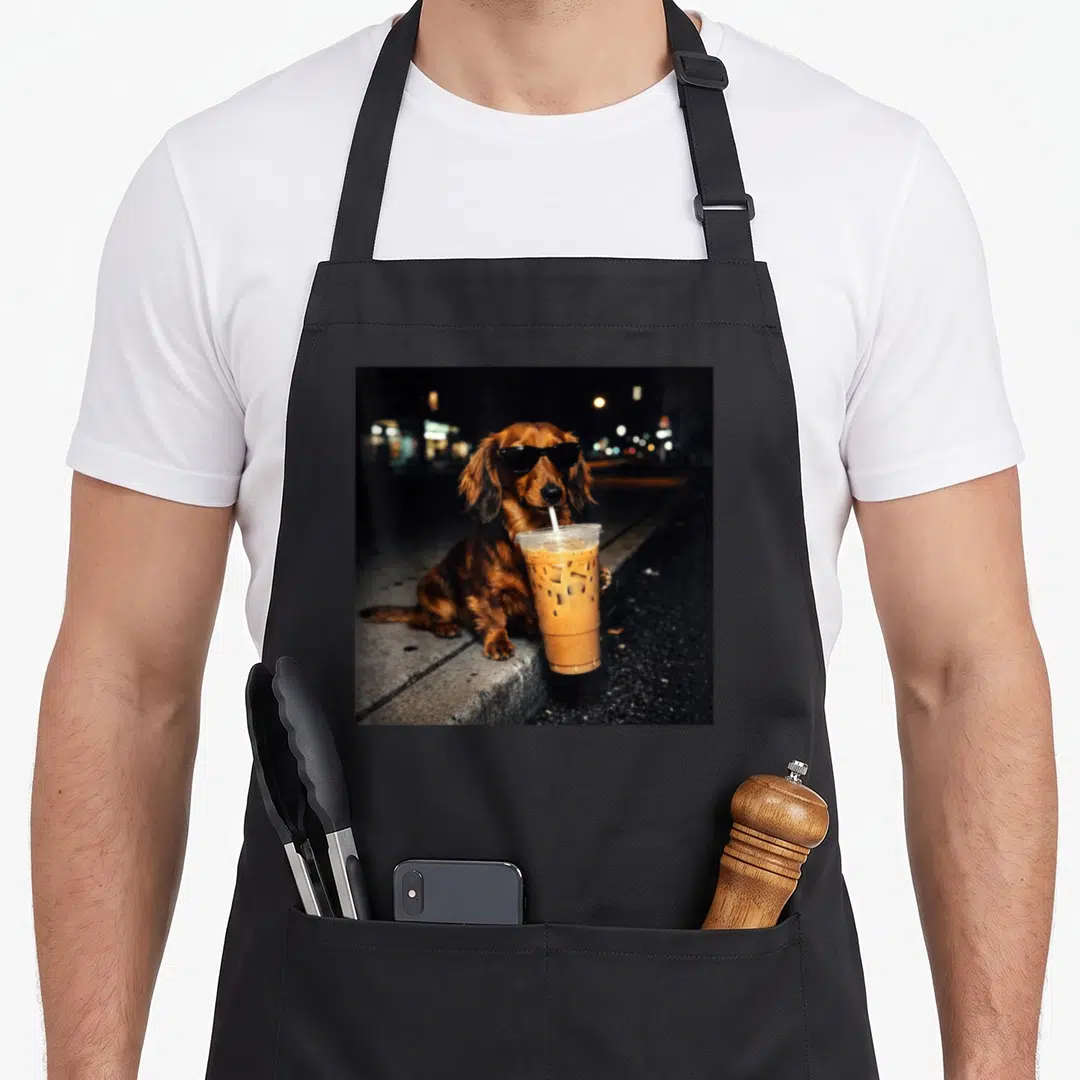 Iced dog apron - Dachshund with sunglasses sipping iced coffee on a curb — shown on a black cotton canvas apron against a white background