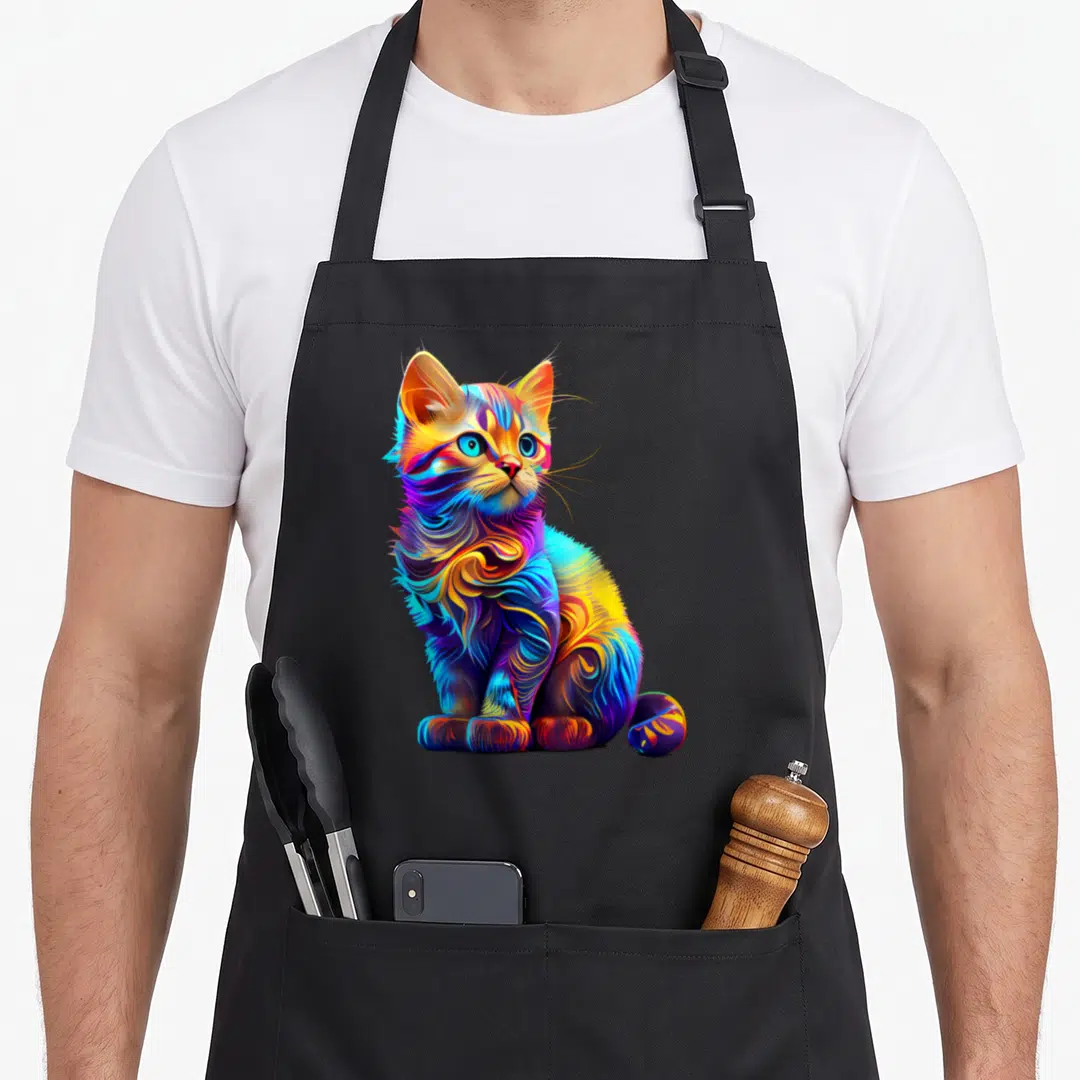 Adoption kitty cat apron - Multicolored cartoon cat in blue, yellow, orange, and purple sitting on black background — shown on a black cotton canvas apron against a white background